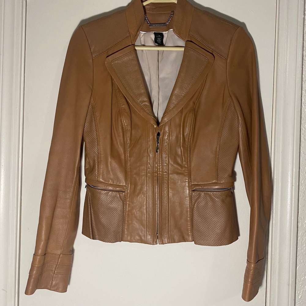 White House Black Market Leather Jacket‎ XS Tan Brown Perforated Moto Biker